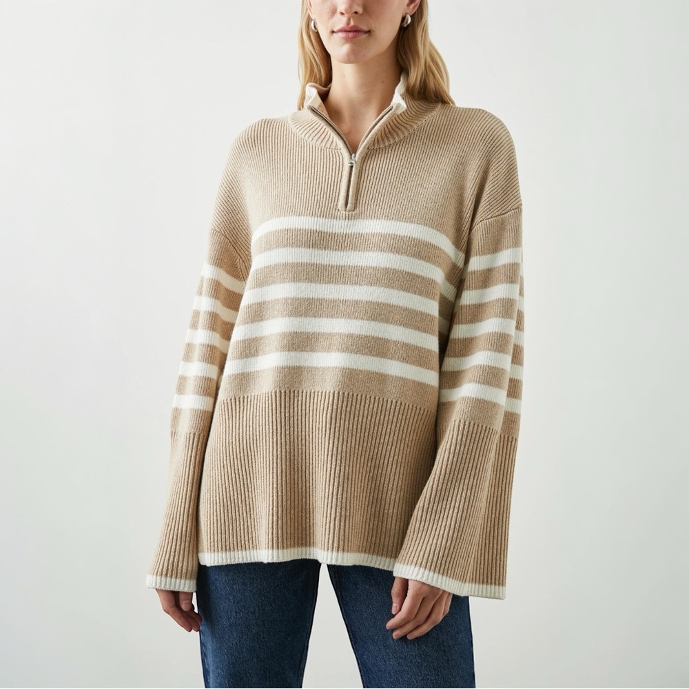Rails Tessa Sweater Merino Wool Sand Striped‎ Quarter Zip Mock Neck Sweater L